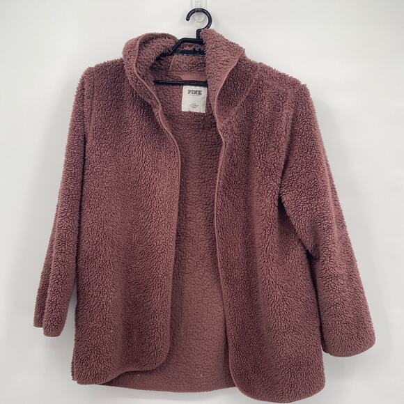 Pink by Victorias Secret Open Front Fuzzy Sherpa Cardigan Pink Size Medium Large - Picture 1 of 8